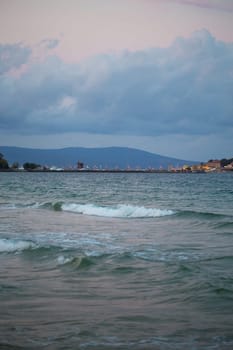 Beautiful night nessebar beach sea with waves. Bulgaria