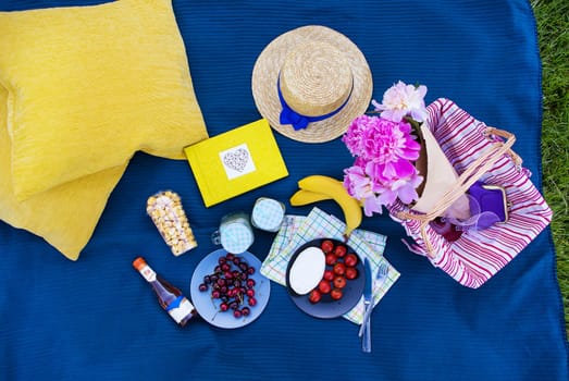 colorful picnic with delicious food and drinks, lunch outdoors