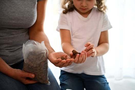 Selective focus on the hands of a little child girl holding expanded clay while helping her mom in planting houseplants. Floriculture. Horticulture. Agriculture. Gardening. Houseplant care concept