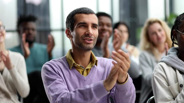 Happy business man applaud. Group smile people clap conference. Large auditorium joy applause economic forum