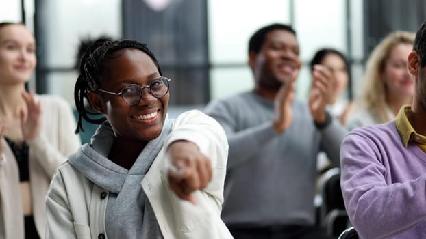 smiling african american woman pointing finger at camera. New career opportunities, recruitment and employment