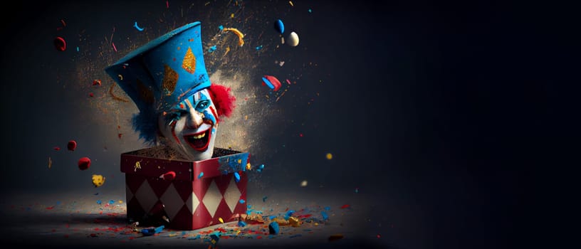 Jack in the Box with confetti, jester hat. April fool day concept with box surprise. Banner 3D illustration with a copy of the place for the text.