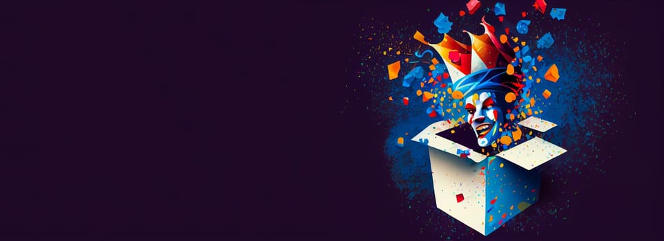 Jack in the Box with confetti, jester hat. April fool day concept with box surprise. Banner 3D illustration with a copy of the place for the text.