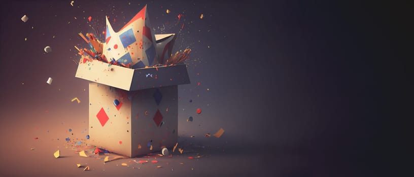 Jack in the Box with confetti, jester hat. April fool day concept with box surprise. Banner 3D illustration with a copy of the place for the text.