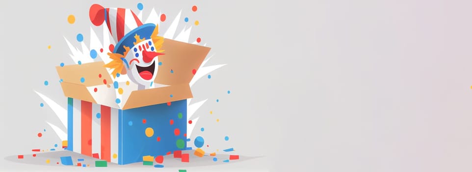 Jack in the Box with confetti, jester hat. April fool day concept with box surprise. Banner 3D illustration with a copy of the place for the text.