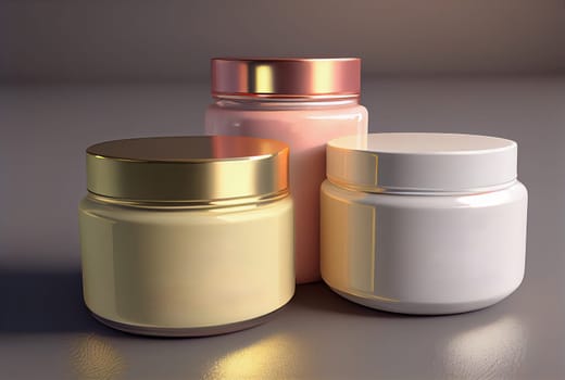 Three jars of cream on a graybackground. Mock up. Ai generative