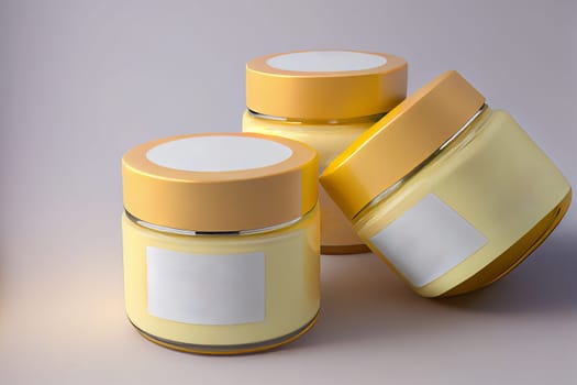 Three yellow jars of cream lie on a white background. Mock up. Ai generative