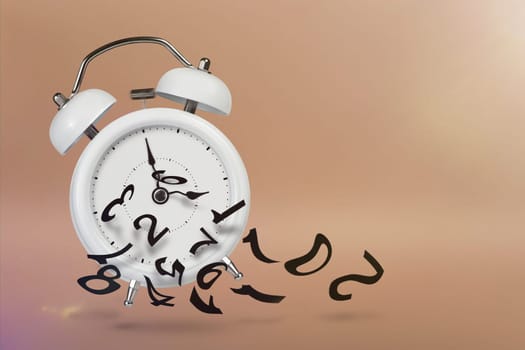 Time is running out. White alarm clock with flying numbers as a symbol of lost time. The concept of time is running out, loss or lack of time, an alarm clock with numbers shatters into small pieces