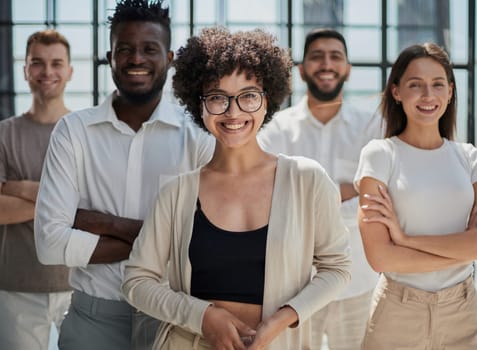 Face of beautiful woman on the background of business people
