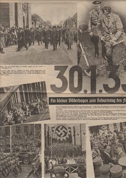 BERLIN, GERMANY - APRIL 16, 1939: Reproduction of magazine page shows Adolf Hitler a other pictures from Nazi Germany.