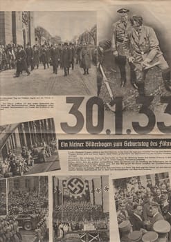 BERLIN, GERMANY - APRIL 16, 1939: Reproduction of magazine page shows Adolf Hitler a other pictures from Nazi Germany.