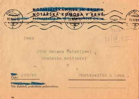 THE CZECHOSLOVAK REPUBLIC - JULY 28, 1945: A vintage used envelope. Rich stain and paper details. Can be used as background.