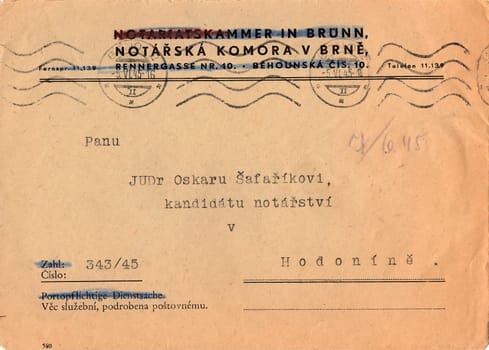 THE CZECHOSLOVAK REPUBLIC - JUNE 5, 1945: A vintage used envelope. Rich stain and paper details. Can be used as background.