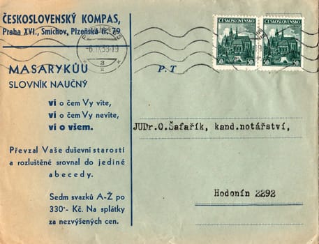 THE CZECHOSLOVAK REPUBLIC - SEPTEMBER 6, 1938: A vintage used envelope and stamps. Rich stain and paper details. Can be used as background.