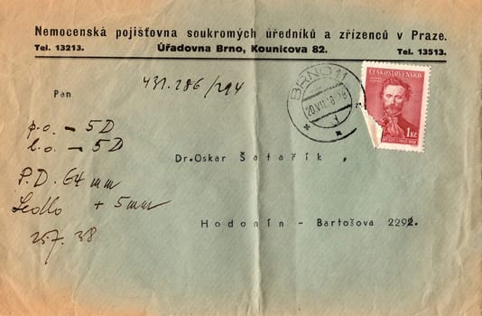 THE CZECHOSLOVAK REPUBLIC - JULY 20, 1938: A vintage used envelope and stamp. Rich stain and paper details. Can be used as background.