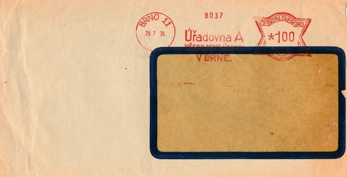 THE CZECHOSLOVAK REPUBLIC - JULY 29, 1936: A vintage used envelope. Rich stain and paper details. Can be used as background.