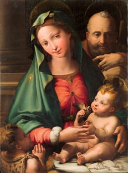 Perino del Vaga's painting, created around 1524-26, depicts The Holy Family with the Infant Saint John the Baptist.