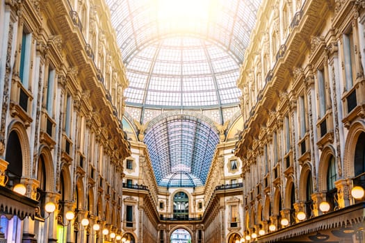 Milan, Italy - 16 August 2019: Galleria Vittorio Emanuele II glass dome in Milan