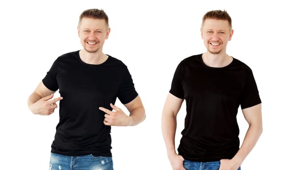 Attractive young man in a black T-shirt isolated on a white background, isolaled on a white background. Blank for your design.