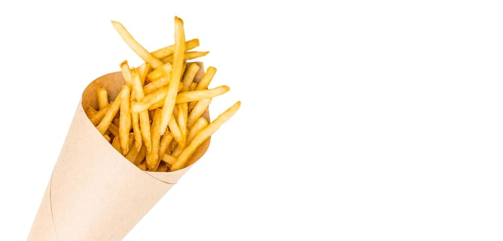 Fresh french fries chips wrapped in brown craft paper with copyspace on white on a white background