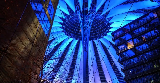 Colourful dome of Sony Centre in Berlin at night