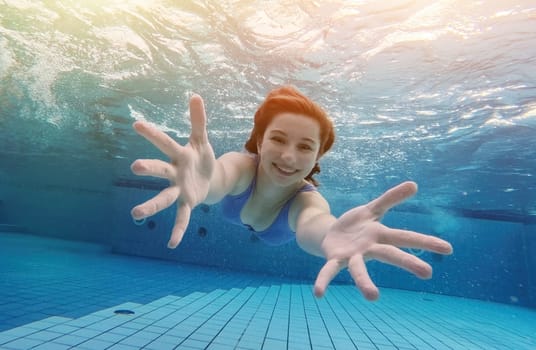 Teen girl swimming under water in blue pool and posing looking at camera. Pretty female teenager diving and enjoying summer activity