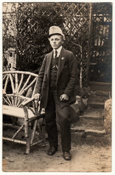 THE CZECHOSLOVAK REPUBLIC - CIRCA 1930s: Vintage photo shows man outdoors. Black white studio portrait.