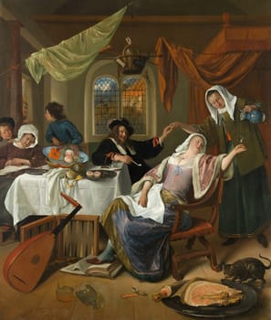 The Dissolute Household is a painting by Dutch artist Jan Steen, created around 1663-64. The painting depicts a chaotic scene of a household in disarray, with people drinking, smoking, and engaging in other forms of indulgence.