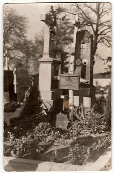 PRAGUE, THE CZECHOSLOVAK REPUBLIC - 1930: Vintage photo shows rural graveyard . Black white antique photography.