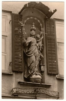 THE CZECHOSLOVAK REPUBLIC - CIRCA 1960s: Vintage photo shows religious sculpture. Black white antique photography.