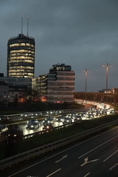 High-angle of cars in a traffic jam during evening rush hour in Duesseldorf, Germany