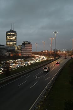 High-angle of cars in a traffic jam during evening rush hour in Duesseldorf, Germany