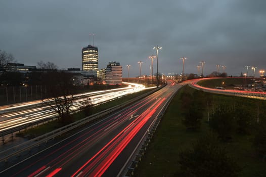 Long exposure shot of the light trails on B7 and A52 freeway near Meerbusch