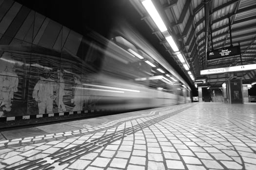 Greyscale long shutter speed shot of an empty metro station in Gelsenkirchen, Germany