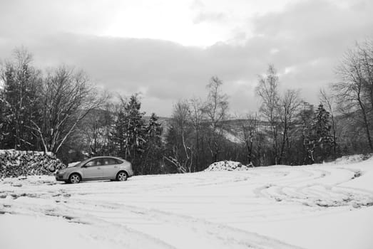 Gray Ford Focus car driving on a trail through a snowy white forest in the Harz mountains