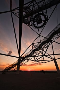 Viewing platform Tetraeder at sunset in Bottrop, Germany