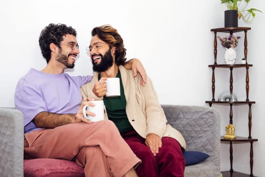 gay male couple smiling happy relaxed on the couch at home, concept of real people lifestyle at home, copy space for text