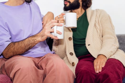detail of the hands of an unrecognizable couple of gay men relaxing on the sofa at home having a hot drink in their mugs, concept of real people lifestyle at home