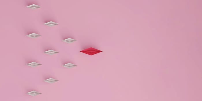Paper boat leads pink followed by other white boat on a pink background. Social media or internet followers concept. 3D rendering.