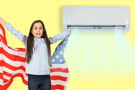 teenage girl with the USA flag under the air conditioner.