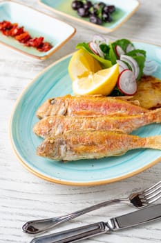 Delicious grilled red mullet fish with garnishes like lemon, greens and onions