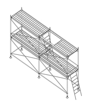 Prefabricated scaffolding on white. 3d illustration. Wire-frame style.Orthography