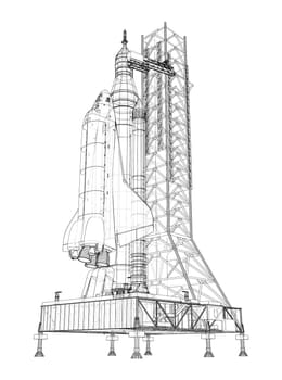 Space Rocket on launch pad. 3d illustration. Wire-frame style. Elements of this image furnished by NASA