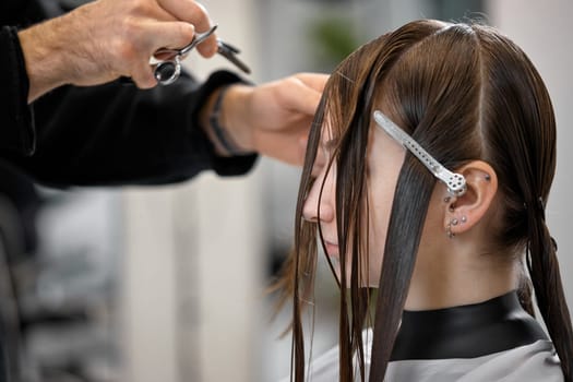 male hairdresser is combing the hair of the female client. hairdresser doing hair to his client woman