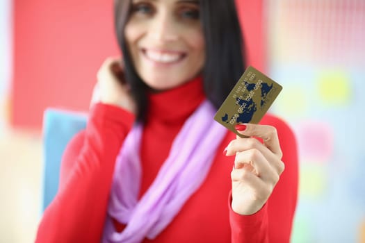 Woman with credit card for shopping in closeup. Shopping discount and sale concept