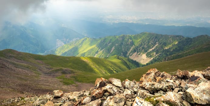 Mountains of the Trans-Ili Alatau. Mountain landscape of Central Asia at an altitude of about 3000 m above sea level.
