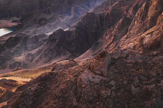 Rocky scenic landscape at dawn similar to the surface of the planet Mars.