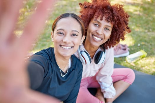 Selfie portrait, fitness and friends in park with yoga mat for exercise, meditation and wellness together. Sports, healthy body and face women smile ready for stretching, workout and pilates training.