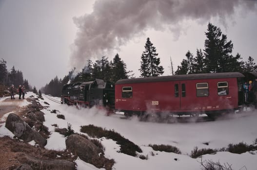 Steam locomotive narrow gauge railway on the Brocken mountain in the Harz mountains in Germ