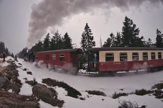 Steam locomotive narrow gauge railway on the Brocken mountain in the Harz mountains in Germ